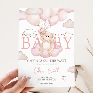 Invitación Baby Shower de globo de oso bebé rosa