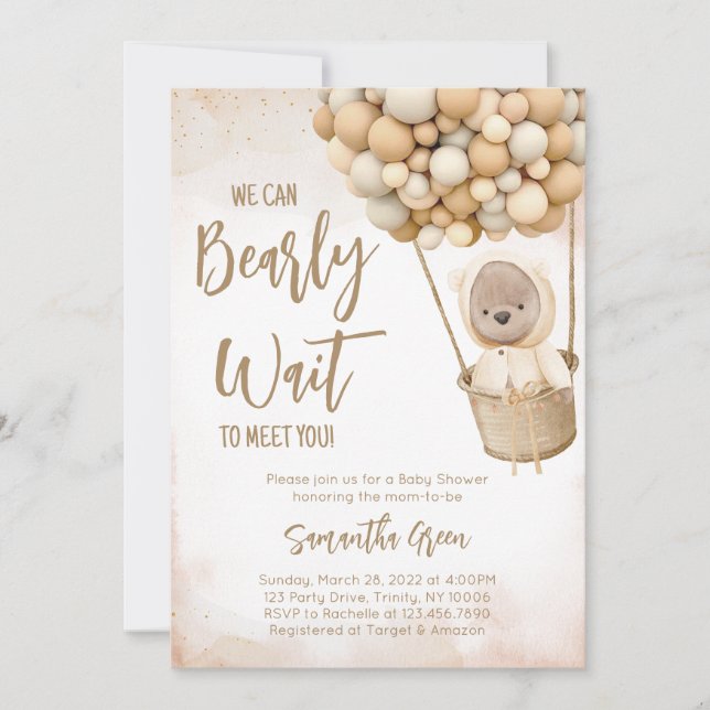 Invitación Baby Shower de globo de oso marrón neutro de géner (Anverso)