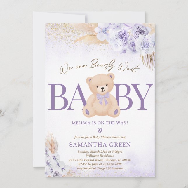 Invitación Baby Shower de globo de oso morado (Anverso)