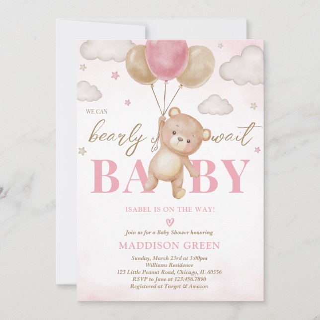 Invitación Baby Shower de globo de oso rosa (Anverso)
