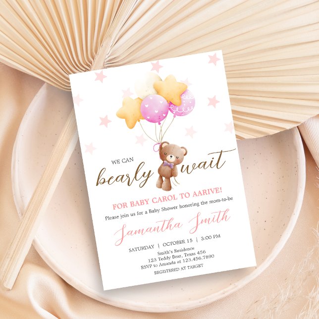 Invitación Baby Shower de globo de oso rosa (Girl We Can Bearly Wait Balloon Baby Shower Invitation)