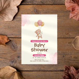 Invitación Baby Shower de globo de oso rosa y crema para bebé