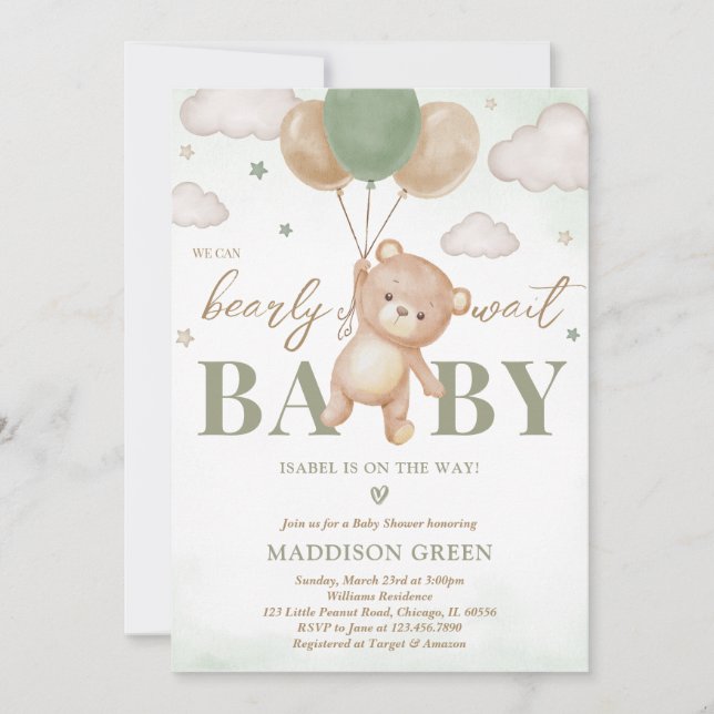 Invitación Baby Shower de globo de oso verde (Anverso)