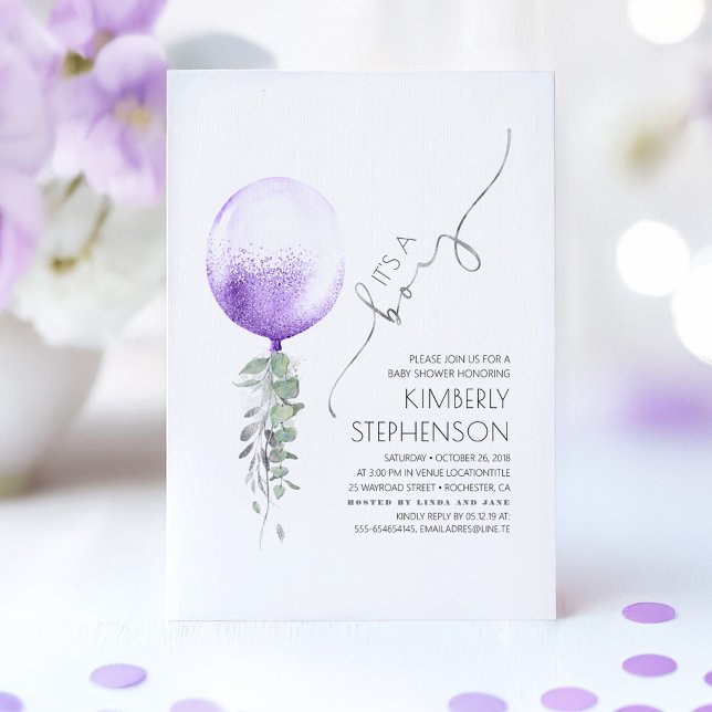 Invitación Baby Shower de globo de plata verde y morado (Purple Boy Baby Shower Invitation)