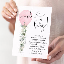 Invitación Baby Shower de globo de vegetación rosa