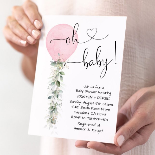 Invitación Baby Shower de globo de vegetación rosa (Subido por el creador)