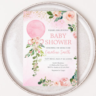 Invitación Baby Shower de globo floral de vegetación rosa