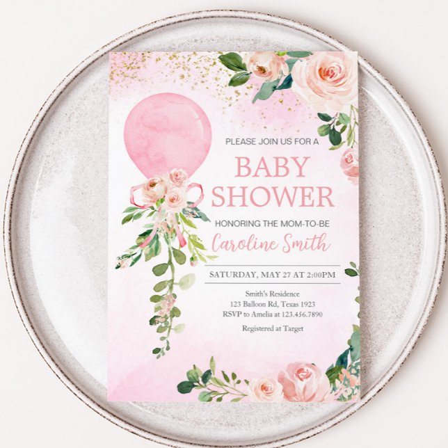 Invitación Baby Shower de globo floral de vegetación rosa (Pink Floral Greenery Balloon Baby Shower Invitation
)