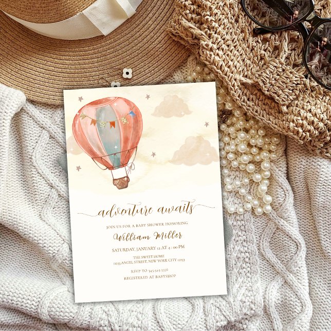Invitación Baby Shower de globo neutro de aire caliente (Neutral Vintage Hot Air Balloon Baby Shower Invitation)
