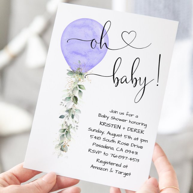 Invitación Baby Shower de globo Purple Greenery (Subido por el creador)