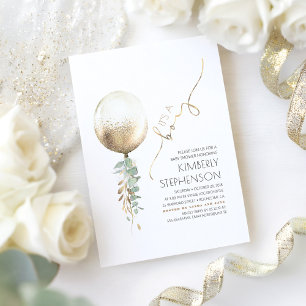 Invitación Baby Shower de globo Purpurina de oro y vegetación