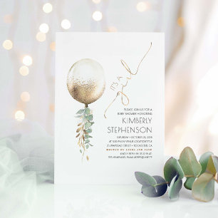 Invitación Baby Shower de globo Purpurina de oro y vegetación