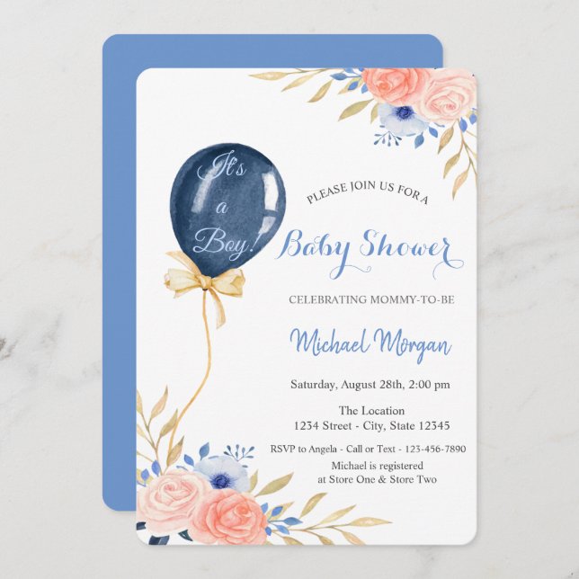 Invitación Baby Shower de globos azules (Anverso / Reverso)