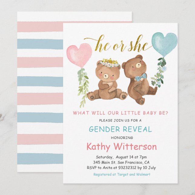 Invitación Baby Shower de globos de oso revelador de género (Anverso / Reverso)