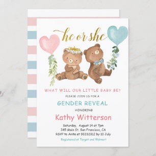 Invitación Baby Shower de globos de oso revelador de género