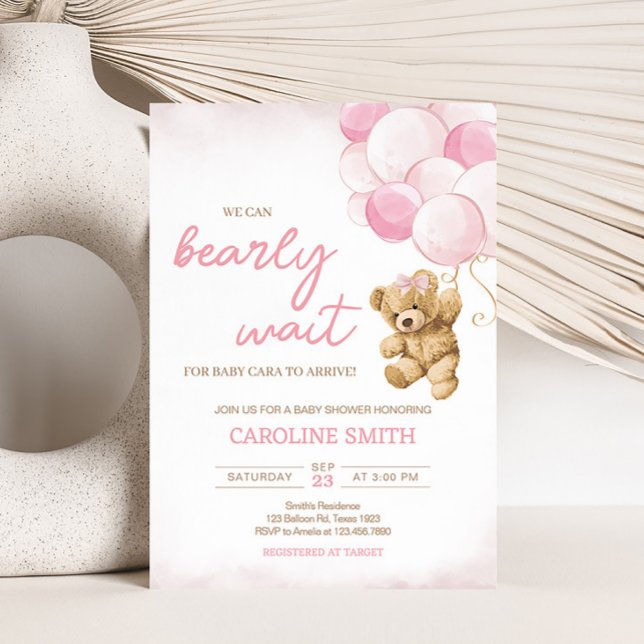 Invitación Baby Shower de globos de oso rosado Teddy (Pink Balloon Bear Baby Shower Invitation)