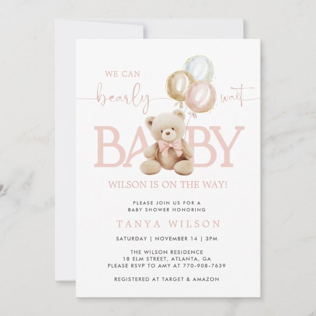 Invitación Baby Shower de globos de oso rosado Teddy (Anverso)