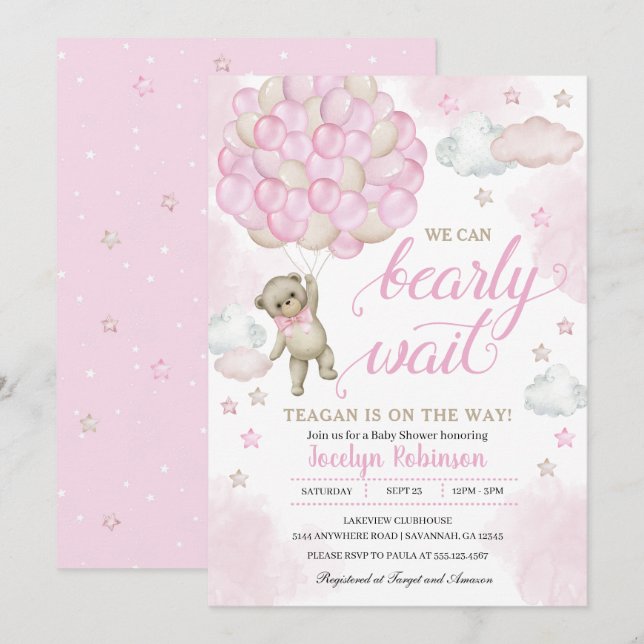 Invitación Baby Shower de globos de oso rosado Teddy (Anverso / Reverso)