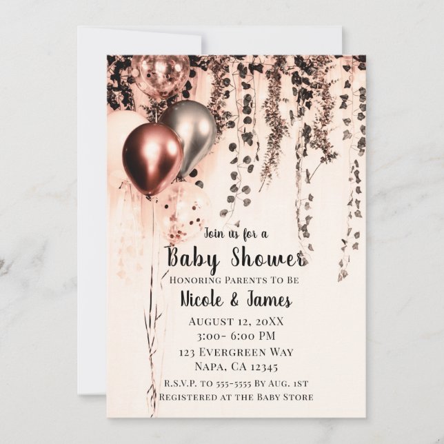 Invitación Baby Shower de globos metálicos de crema de oro ro (Anverso)