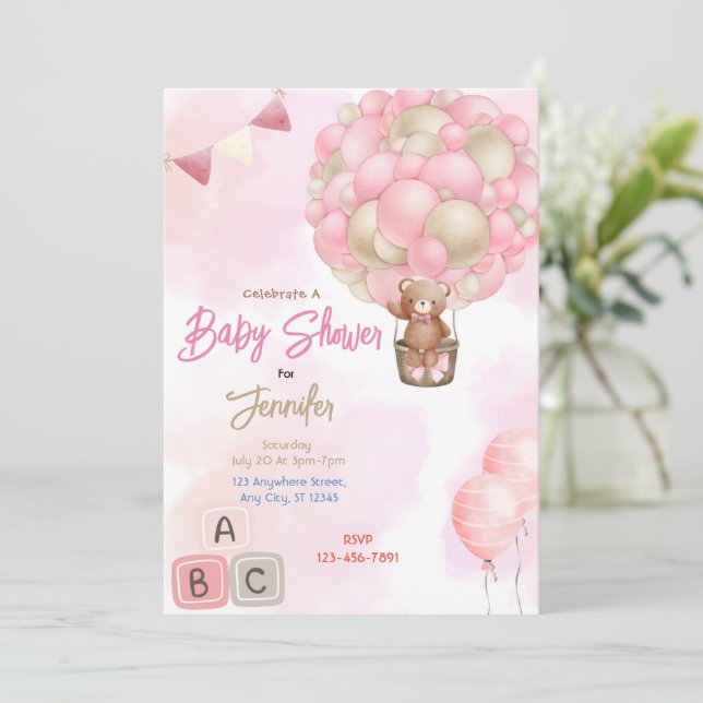 Invitación Baby Shower de globos rosados (Anverso de pie)