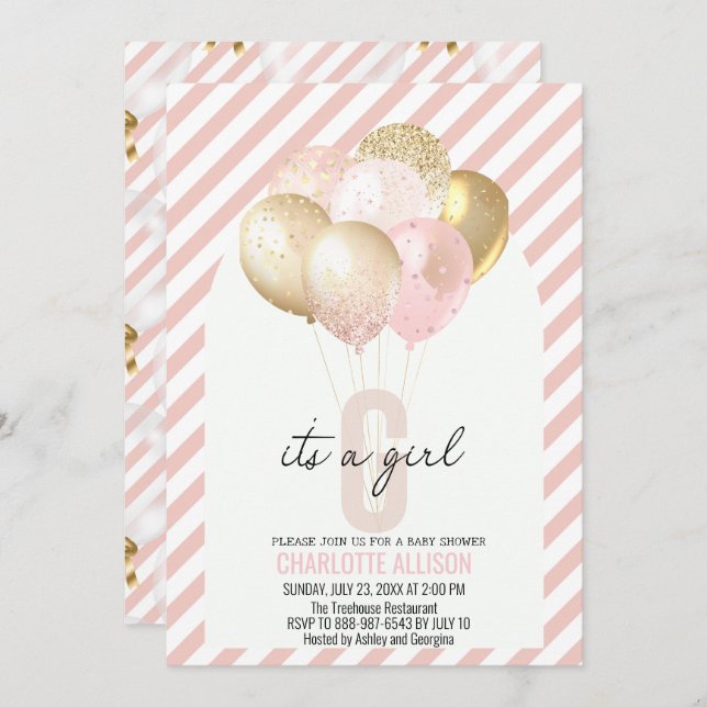 Invitación Baby Shower de globos rosados y dorados (Anverso / Reverso)