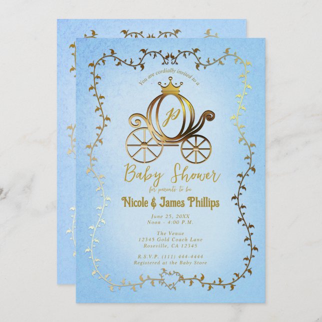 Invitación Baby Shower de Gold Princess Carriage Blue Storybo (Anverso / Reverso)