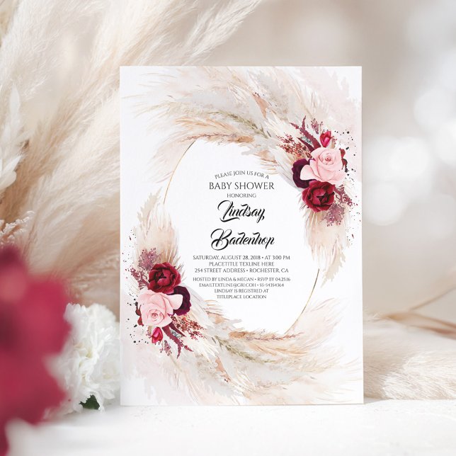 Invitación Baby Shower de gramaje de floral rojo borgoña pamp (Burgundy Red and Pink Flowers Elegant Boho Baby Shower Invitation)