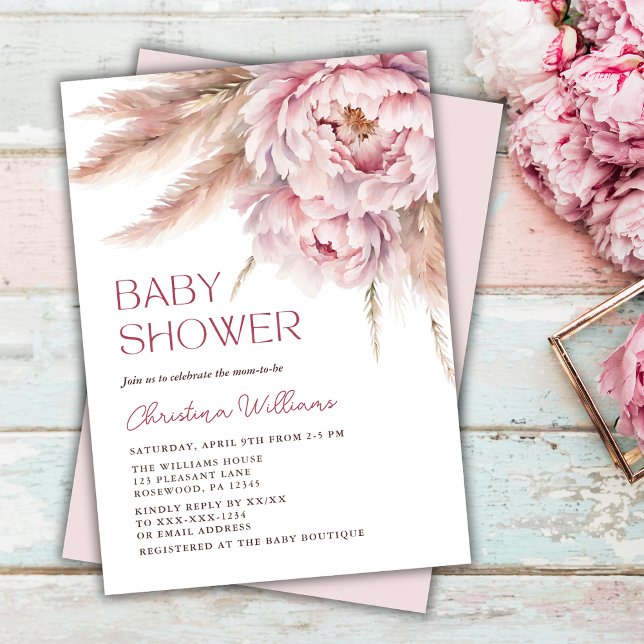 Invitación Baby Shower de gramaje Pampas Floral Rosa (Subido por el creador)