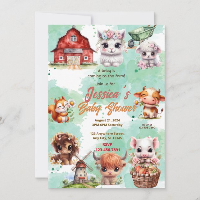 Invitación Baby Shower de granja (Anverso)