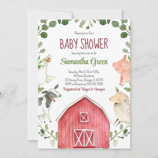 Invitación Baby Shower de granja (Anverso)