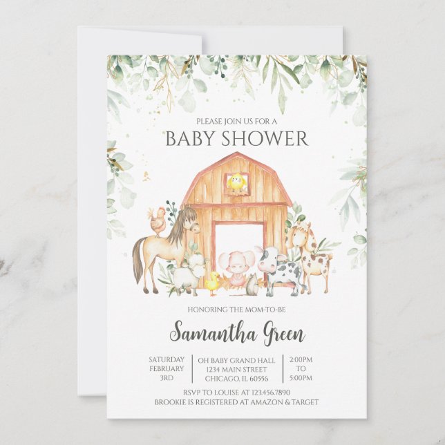 Invitación Baby Shower de granja neutra de género (Anverso)