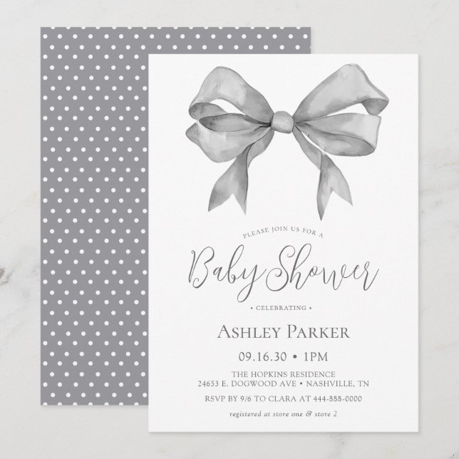 Invitación Baby Shower de Gray Bow Boy (Anverso / Reverso)