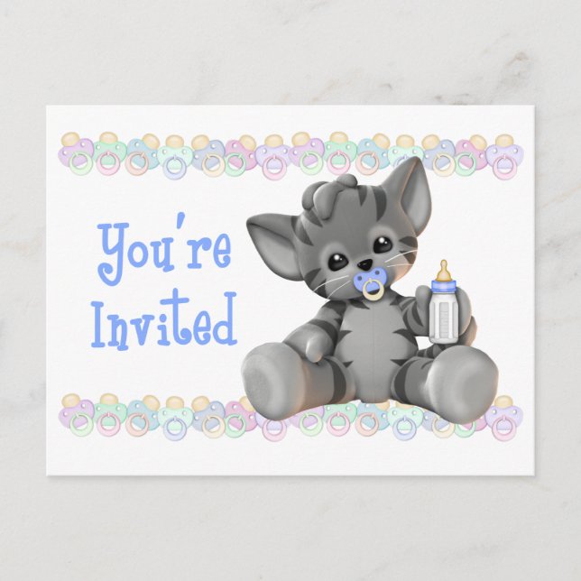 Invitación Baby Shower de Gray Tiger Kitten Blue (Anverso)