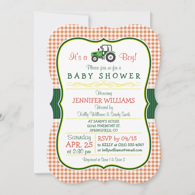 Invitación Baby Shower de Green Farm Tractor Boy (Anverso)