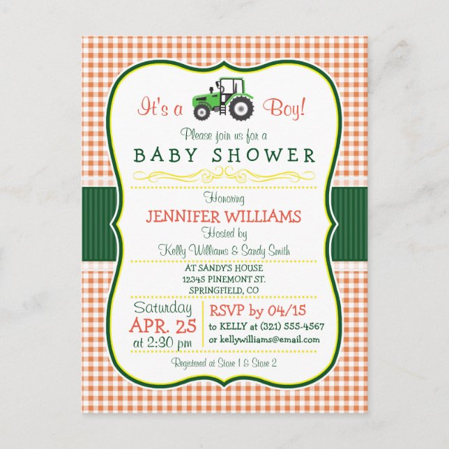 Invitación Baby Shower de Green Farm Tractor Boy (Anverso)