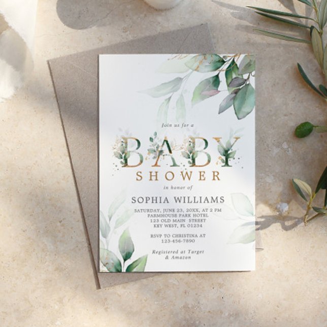 Invitación Baby Shower de Green & Gold Eucalyptus (Subido por el creador)