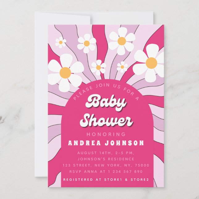 Invitación Baby Shower de Groovy Pink Hippie Retro Daisy 70 (Anverso)