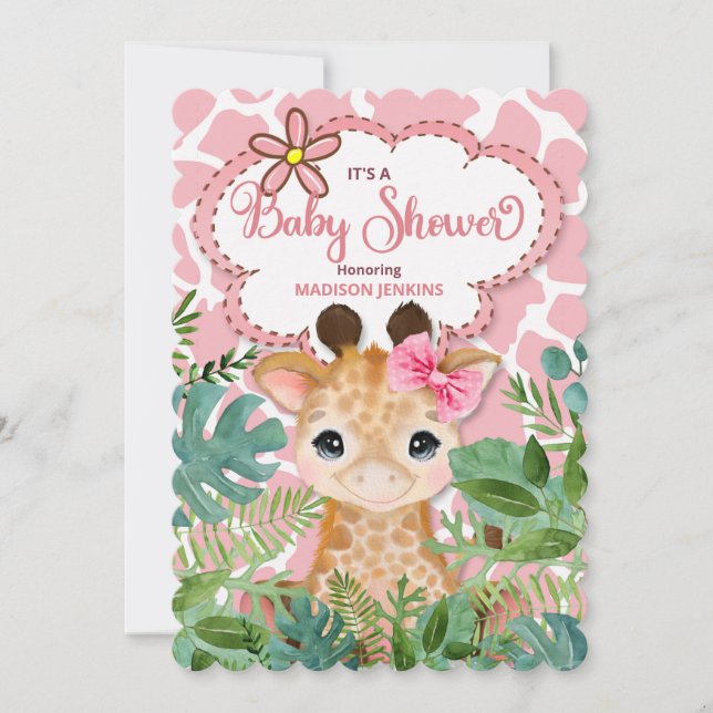Invitación Baby Shower de guirafa de Safari Rosa (Anverso)