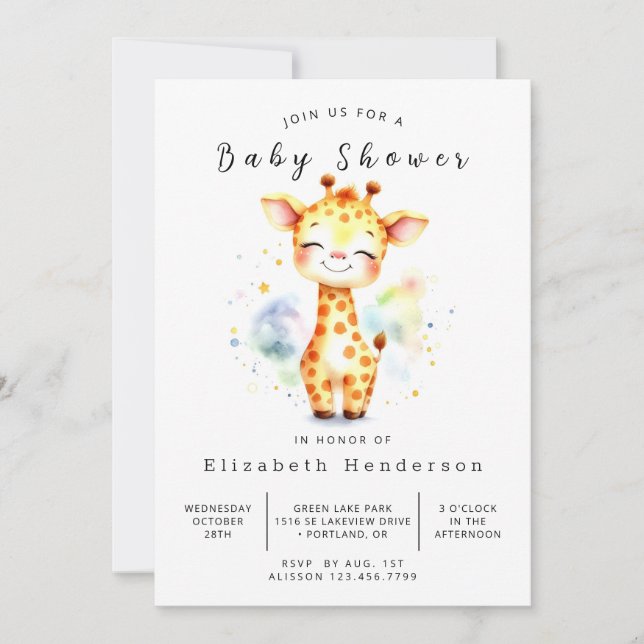Invitación Baby Shower de guirafa simple impreso (Anverso)