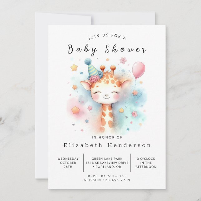 Invitación Baby Shower de guirafa simple impreso (Anverso)