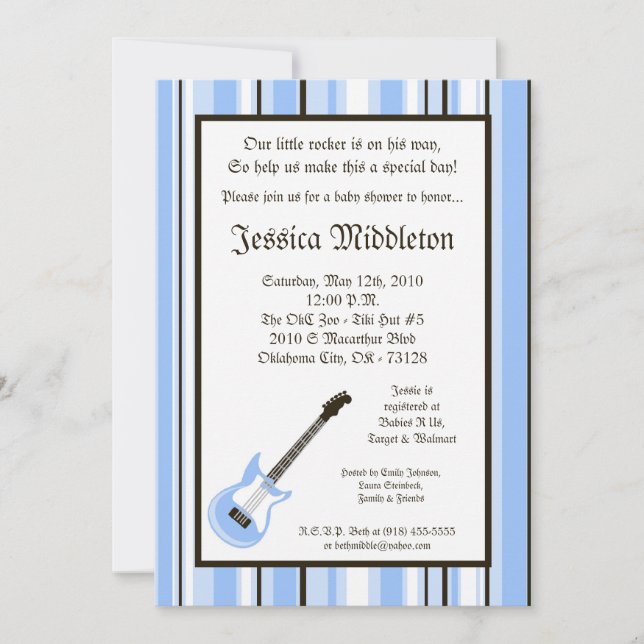Invitación Baby Shower de Guitarra Azul Rockero 5x (Anverso)