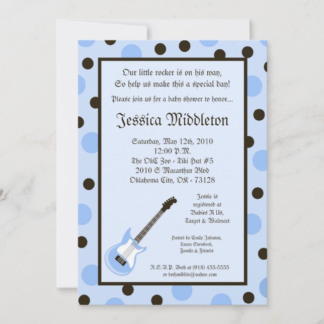 Invitación Baby Shower de Guitarra Azul Rockero 5x (Anverso)
