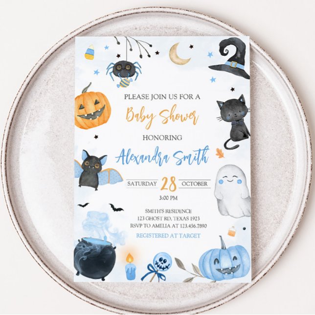 Invitación Baby Shower de Halloween azul (Boy Ghost Halloween Baby Shower Invitation)