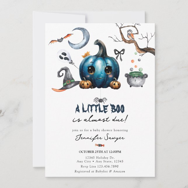 Invitación Baby Shower de Halloween | Calabaza azul (Anverso)
