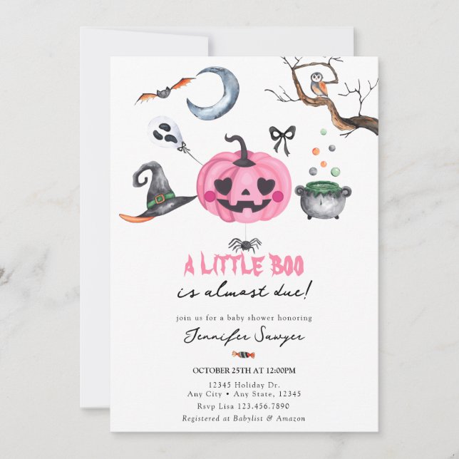 Invitación Baby Shower de Halloween | Calabaza rosa (Anverso)