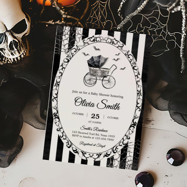 Invitación Baby Shower de Halloween con transporte gótico (Gothic Vintage Baby Carriage Stroller Bats Halloween Baby Shower Invitation)