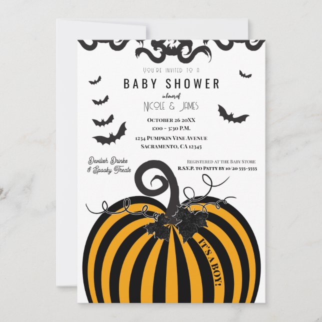 Invitación Baby Shower de Halloween de Calabaza Negra y Naran (Anverso)
