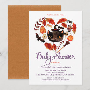 Invitación Baby Shower de Halloween de gato negro a la acuare