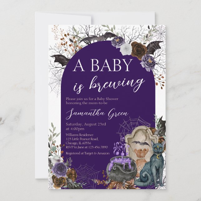 Invitación Baby Shower de Halloween gótico Chica púrpura (Anverso)