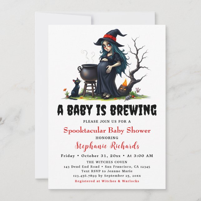 Invitación Baby Shower de Halloween para Gato Negro Bruja Beb (Anverso)